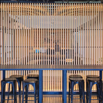 9Wood 1200 Dowel Grille at Altruist, Dallas, Texas. Entos Design. Photo: 	Bret Diamond.